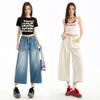 Джинсы деним до икры с высокой талией женские ретро вываренные харадзюку широкие джинсы кэжуал свободные Y2K уличная одежда средней длины джинсы