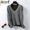 V Neck Striped Sweater Women's Fall and Winter Casual Pullover Loose Sweater