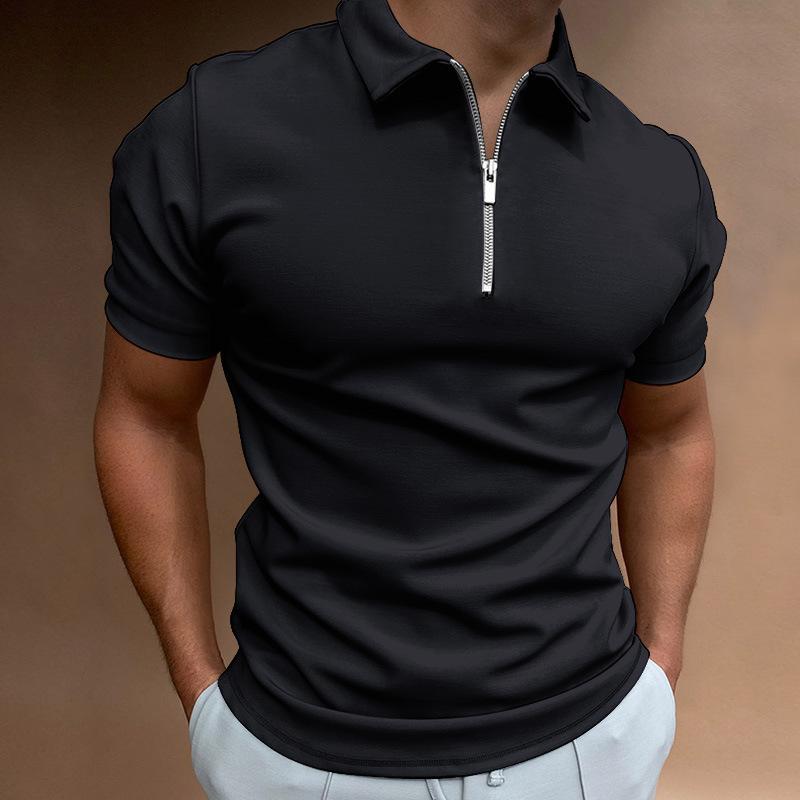 2024 Men's Summer Short Sleeve T Shirts Solid Zipper Lapel Collar T Shirt Fashion Men Tees White Black Blue Plus Size Tops