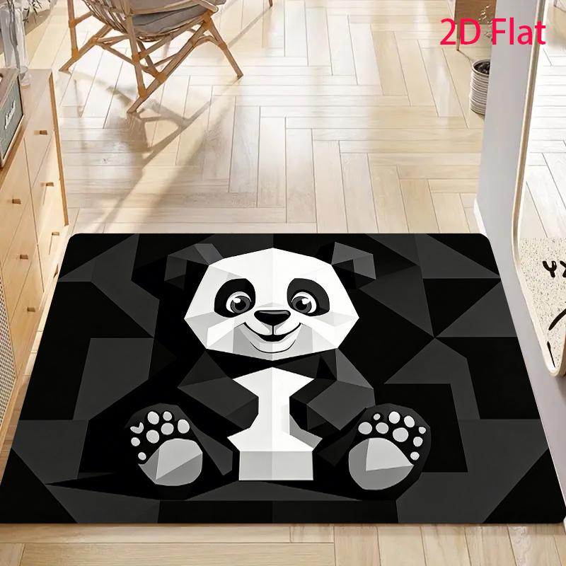 1pc Flannel Material Door Mat, Black And White Geometric Polygon Cartoon Panda Pattern, Pointed Plastic Bottom, Machine Washable, Suitable for Indoor