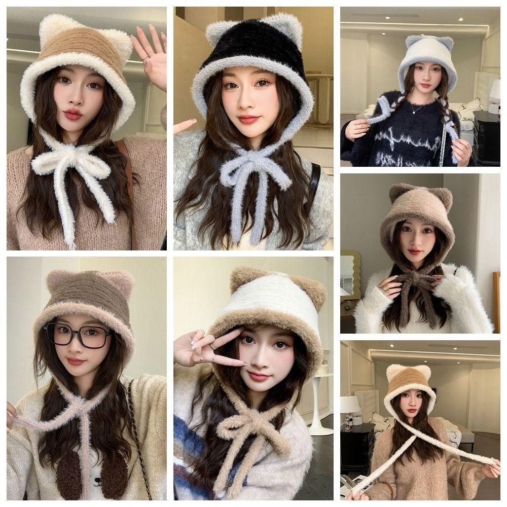 Plush Faux Fur Bucket Hat Korean Style Women Fluffy Hats Fashion Cute Cat Ear Hat Outdoor