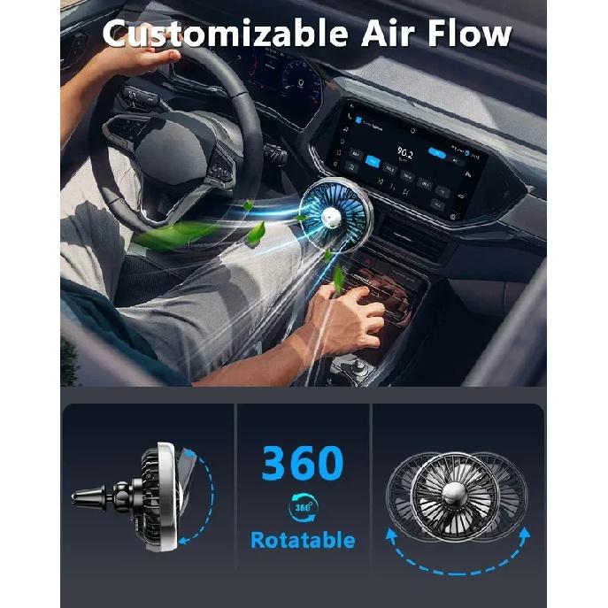 Car Air Vent Fan with Colorful Breathing Light USB Powered 3 Speed Wind Cooling Fan 360° Rotatable Quiet Fan Car AC Fans