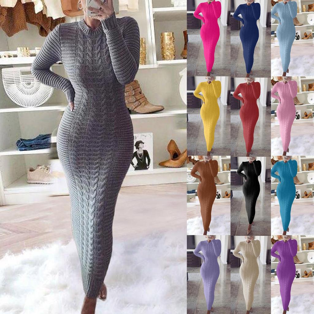 Women Elegant Long Sleeve Dress Fall Round Neck Party Long Fall Winter Dress Long Club Party One-Piece