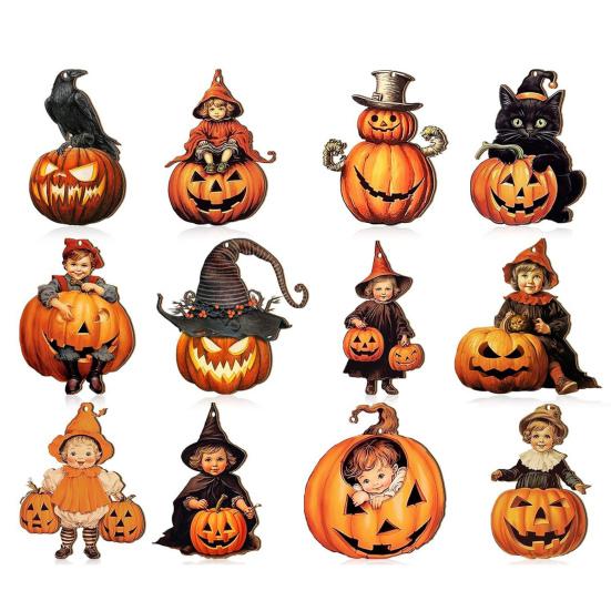 Halloween Wood Ornament for Tree Vintage Hanging Decoration Pumpkin Witch Black Cat Wooden Cutouts for Halloween Home Party Decor