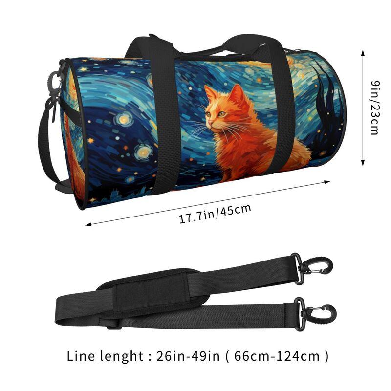 Vincent Van Gogh Blue Starry Night Cat Travel Duffel Bag Unisex Lightweight Yoga Gym Sports Bags Portable Waterproof Luggage Bag