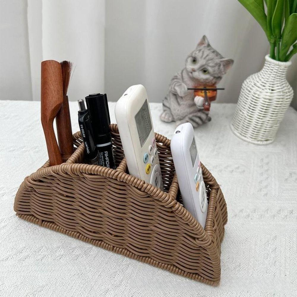 Imitation Rattan Remote Control Storage Box 4 Grids Handwoven Synthetic Rattan Organizer Vintage Style Desktop Storage Box