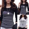 Модная весенняя женская футболка в полоску с длинным рукавом и круглым вырезом, облегающий топ