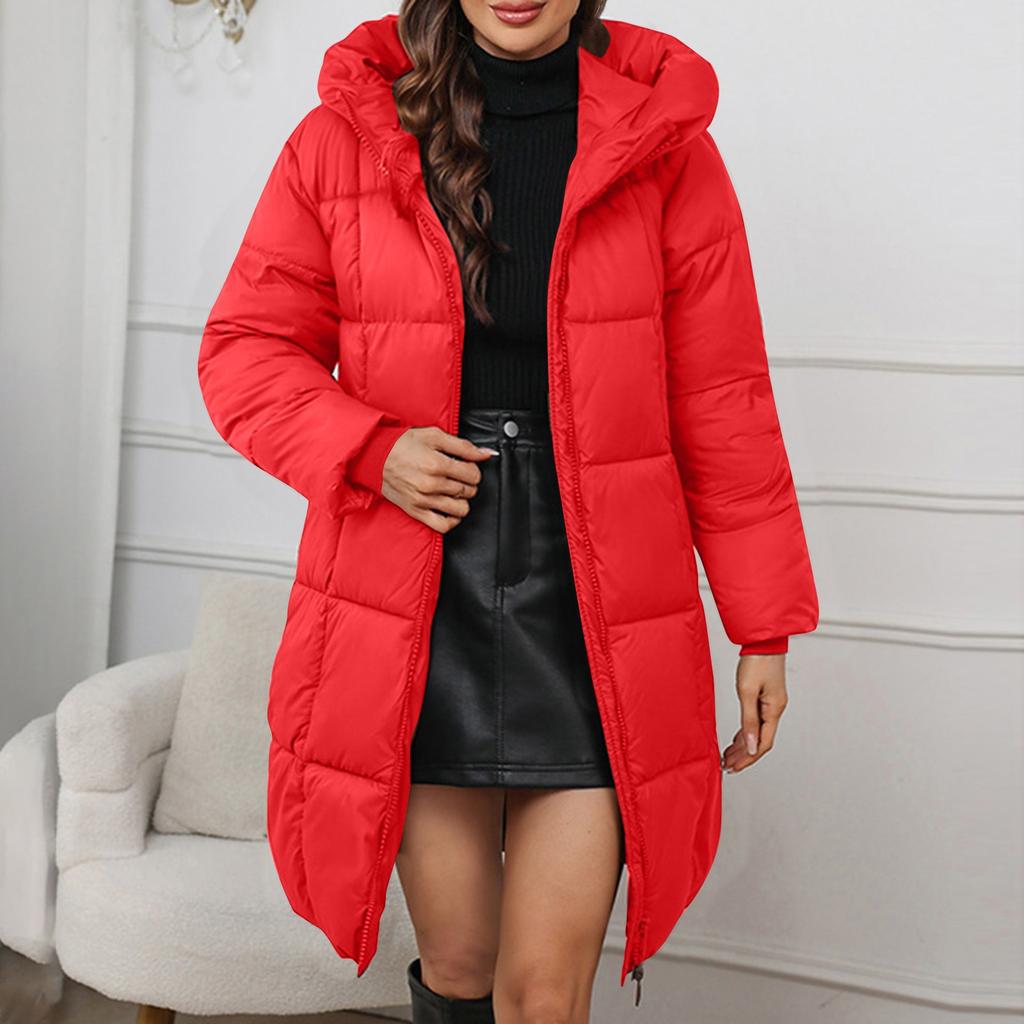 Women's Solid Color Hooded Medium Long Thick Waist Padded Coat
