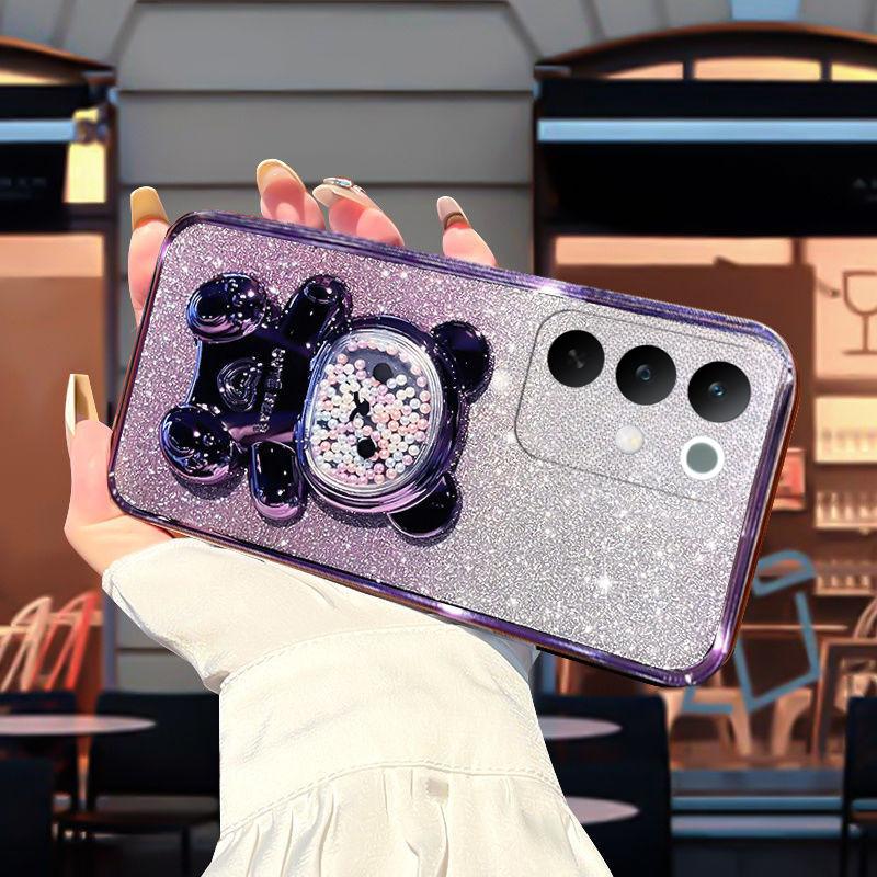 Чехол для Realme C85 Pro с градиентом, 3D-медведь, складная подставка-кронштейн, роскошный, тонкий, с покрытием, блестящий, для девочек, задняя крышка для Realme C85