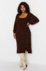  Women's Plus Size Dress Brown Button Detailed Slit Knitwear Dress