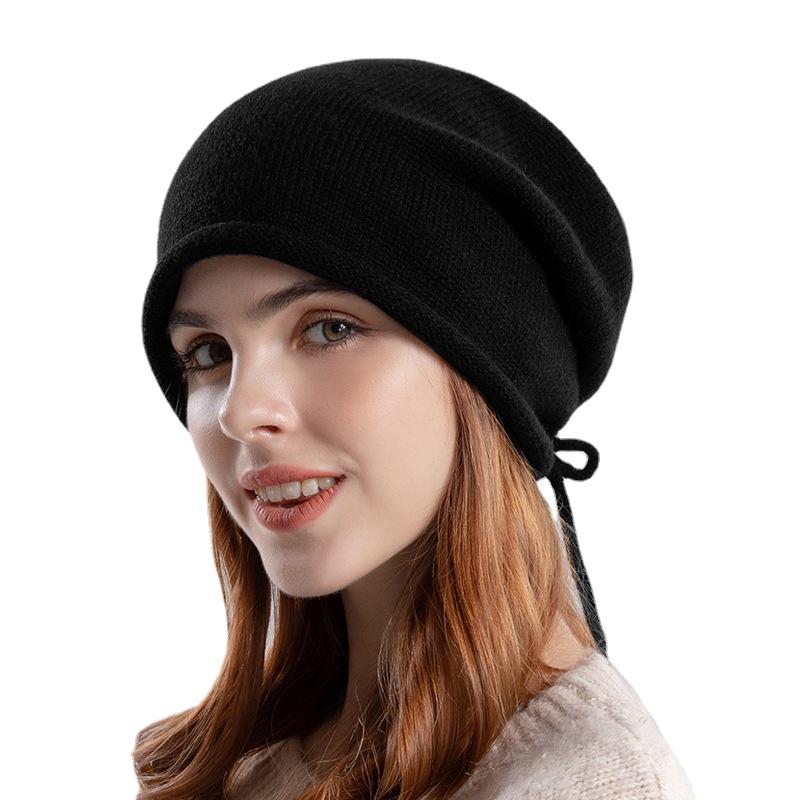 Осенне-зимняя тонкая вязаная сложенная шапка, утепленная шапка, женская холодная шапка с завязками, окололунная шапка с большой головой