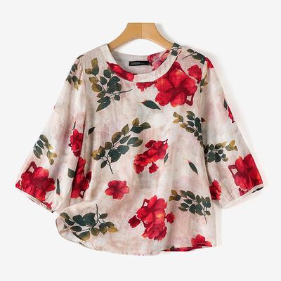 Женская летняя блузка с круглым вырезом и рукавами 3/4 с цветочным принтом