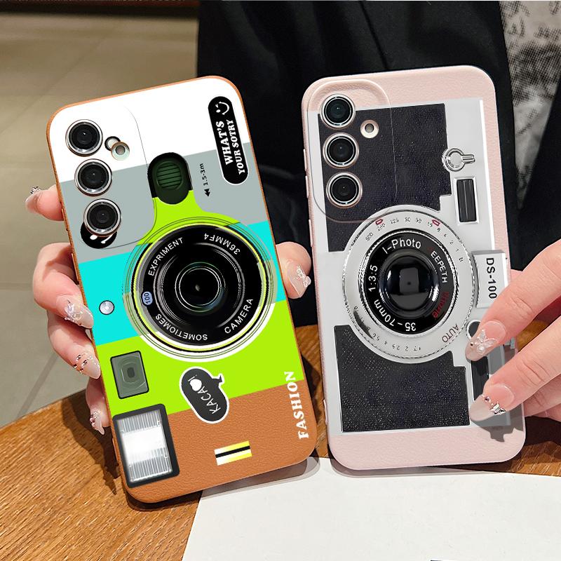 Чехол с винтажным узором камеры для Samsung S26 Ultra A57 A37 A17 A18 S25 S24 S23 S22 Ultra S21 FE A15 A35 A55 A16 A36 A56 5G Мягкий чехол с текстурой кожи