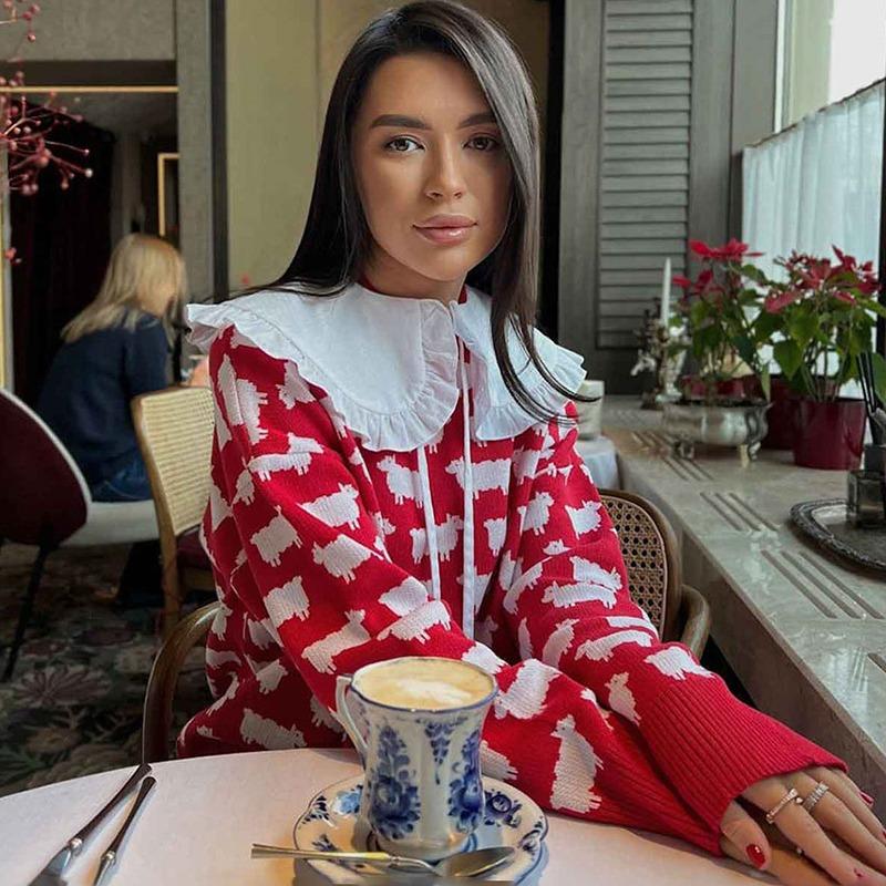 Зимний вязаный свитер с принтом альпаки, женский свободный повседневный свитер с круглым вырезом и длинным рукавом, женский модный повседневный элегантный трикотажный свитер, женский тренд 2024 года