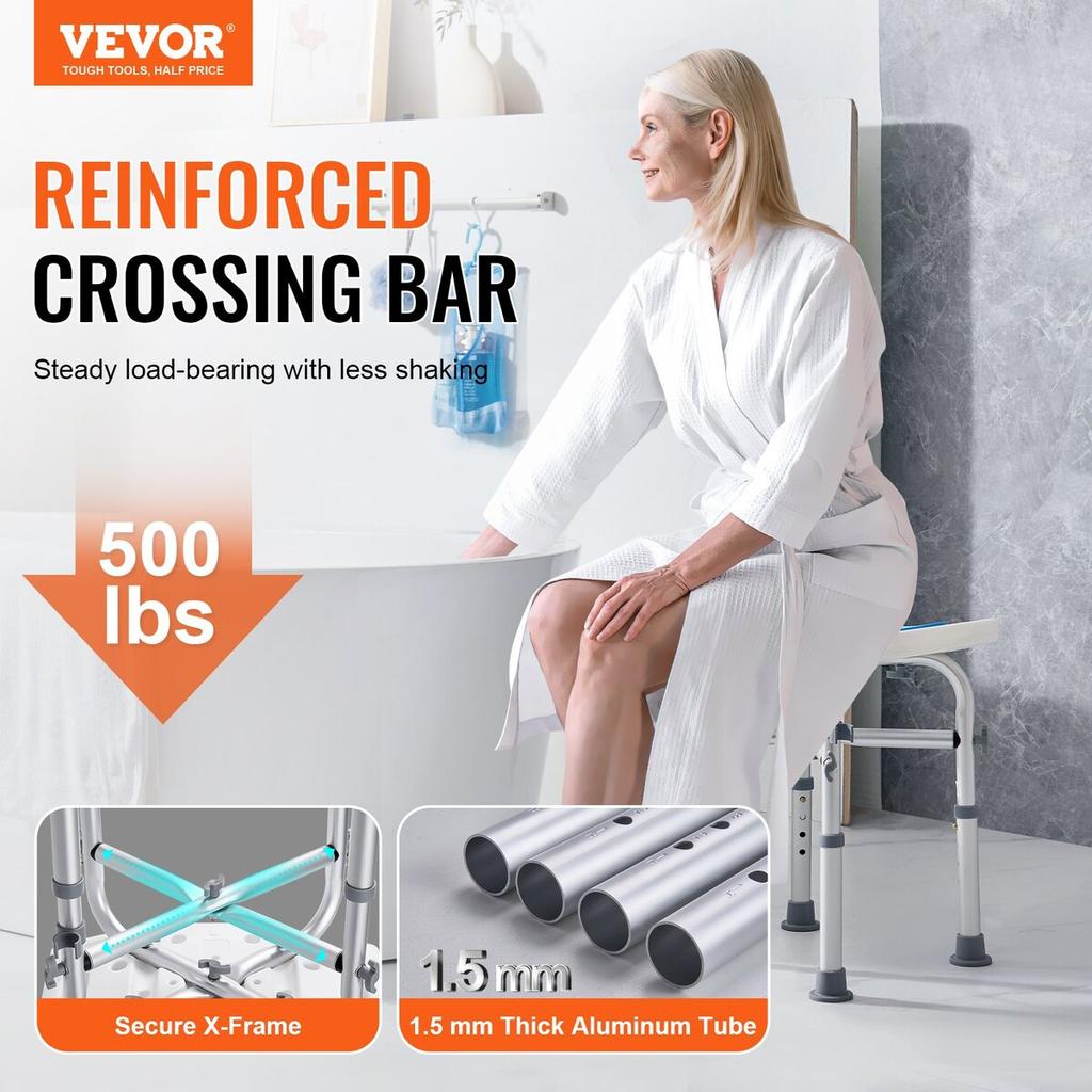Shower Chair, Adjustable Height Shower Stool with Crossbar Support, Shower Seat for Inside Shower or Tub, Non-Slip Bench Bathtub Stool Seat for