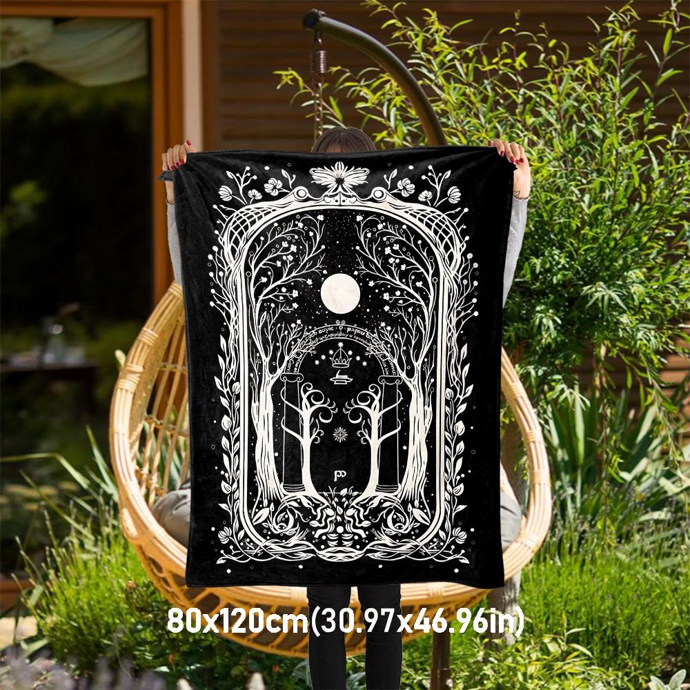 1pc moon, trees, gate - Throw Blanket, Soft, Flannel Blankets, Living Room, All Seasons Use-1021152