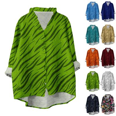 Женский свободный топ с оборками, цветочным принтом, воротником-стойкой и длинными рукавами из хлопка и льна