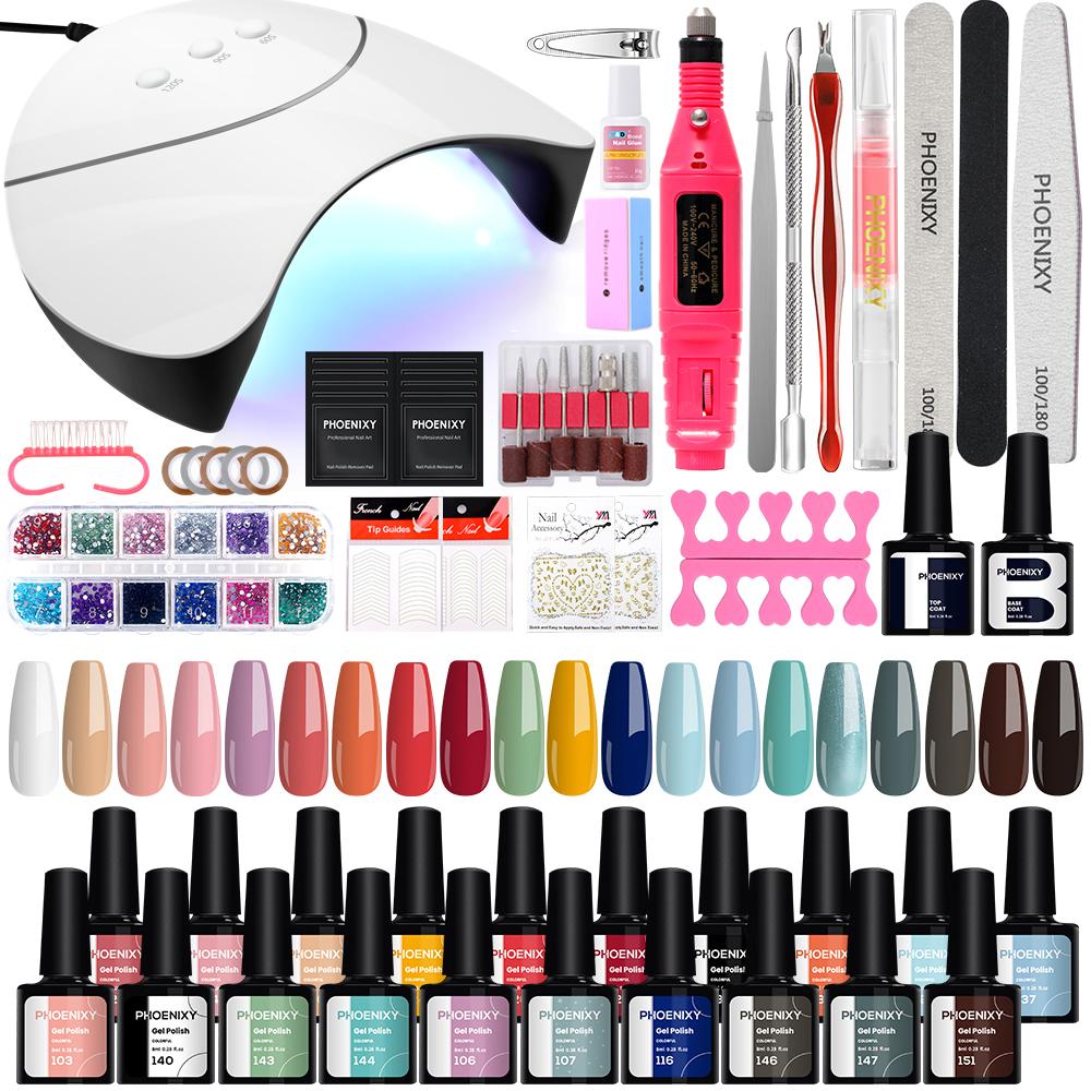 Набор гель-лаков для ногтей PHOENIXY, 20 цветов, лак для ногтей с лампой 36 Вт, набор аксессуаров для маникюра, базовое верхнее покрытие, набор для маникюрного салона