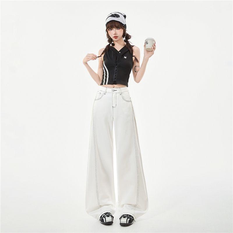 Ge Di Jie Le Sail Pure White Wide Leg Jeans Women's Splicing Style Shows Leg Length