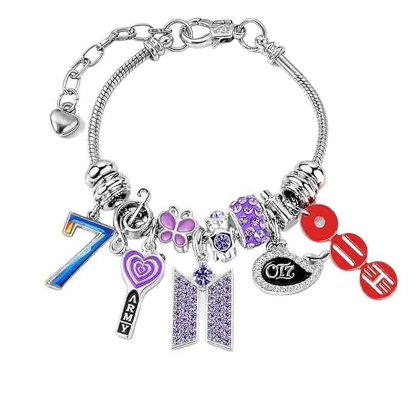 BTS Браслет-шарм OT7 Кит Логотип ARMY Фиолетовые Хрустальные Бусины Посеребленная Змеиная Цепь Украшения Подарок для Фаната Kpop Армии