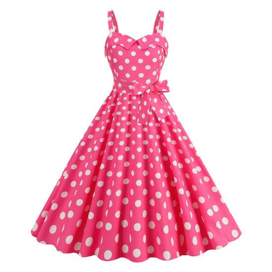 Women Vintage Dress 50s Retro A-line Big Swing Sleeveless Dot Print Contrast Color Elastic Bust High Tight Waist Backless