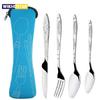 4Pcs/set Dinnerware Portable Printed Knifes Fork Spoon Stainless Steel Family Camping Steak Cutlery Tableware with Bag