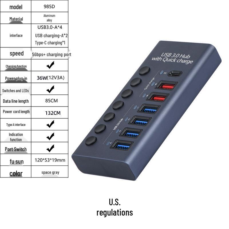 10-портовый USB 3.0 концентратор с независимыми переключателями и док-станция с высоким током