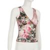 Women's Retro Floral Printing Color Clash Sexy V-Neck Lace Splicing Slim Neck Tank Top