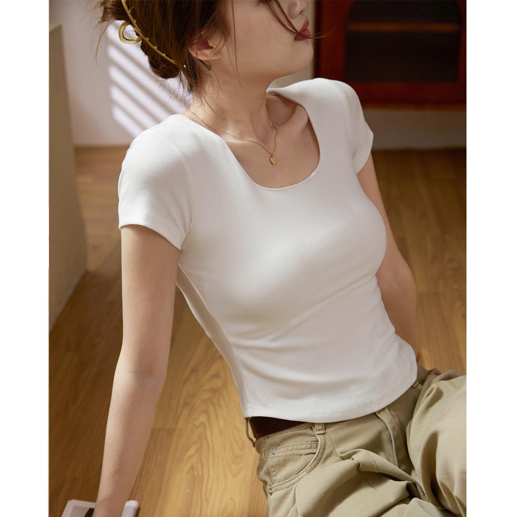 Made of High-quality Double-layer Chest-showing Pure Cotton T-shirt Women's Short-sleeved U-neck Summer New Curved High-waisted Short Top