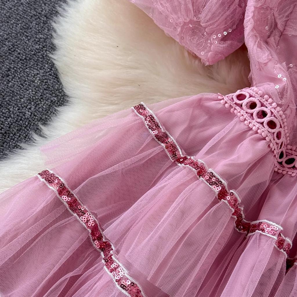 Летние женские сладкие блестящие цветочные розовые сетчатые вечерние платья с вырезами