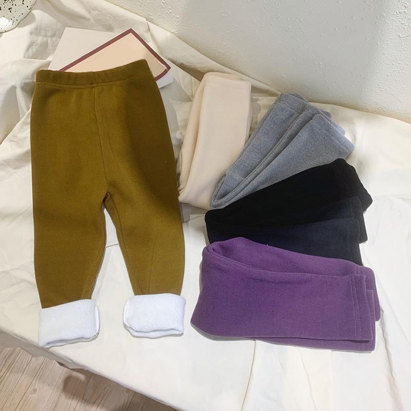 Брюки для йоги для девочек, однотонные эластичные плюшевые леггинсы с эластичной талией и утолщенные леггинсы