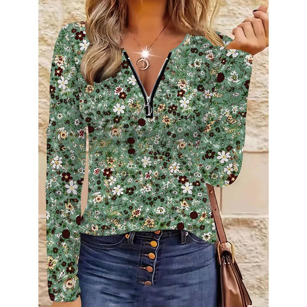 Pastoral printed small wildflower long-sleeved T-shirt, half-zipper V-neck fresh and versatile women's outerwear top