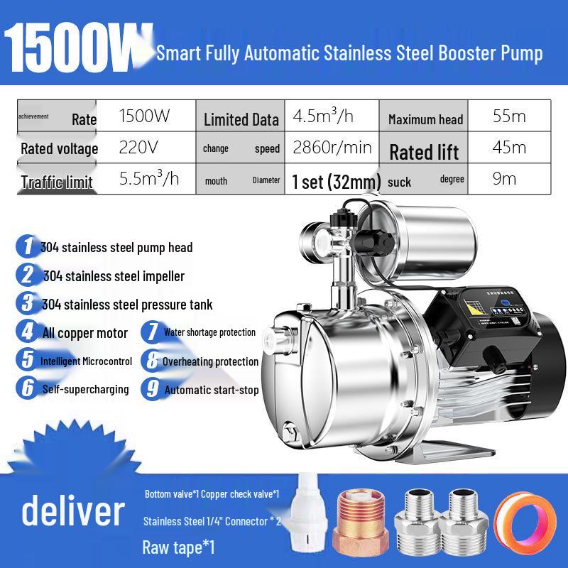 220V Stainless Steel Automatic Self-Priming Jet Pump for Home Well & Tap Water Pressure Boosting