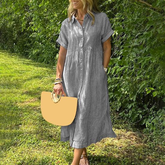 Полосатое платье-рубашка с лацканами на пуговицах и карманами, летнее повседневное длинное пляжное платье А-силуэта с коротким рукавом для женщин