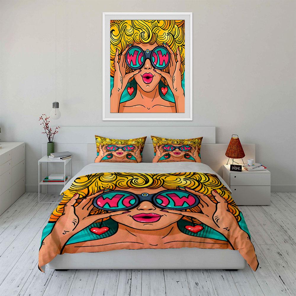 Pop Art Woman with WOW Glasses Bedding Duvet Cover Set (1*Duvet Cover 2*Pillowcases, without duvet insert)