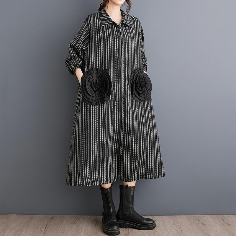 Long Sleeve Plus Size Vintage Floral Stripe New In Dresses for Women Casual Loose Spring Autumn Shirt Dress