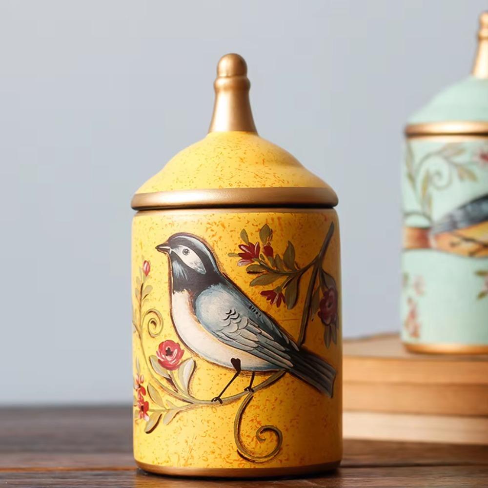 Ceramic American Rustic Style Tea Canister Vintage Bird Printing Candy Pot Moisture-proof Kitchen Storage Tank Gift