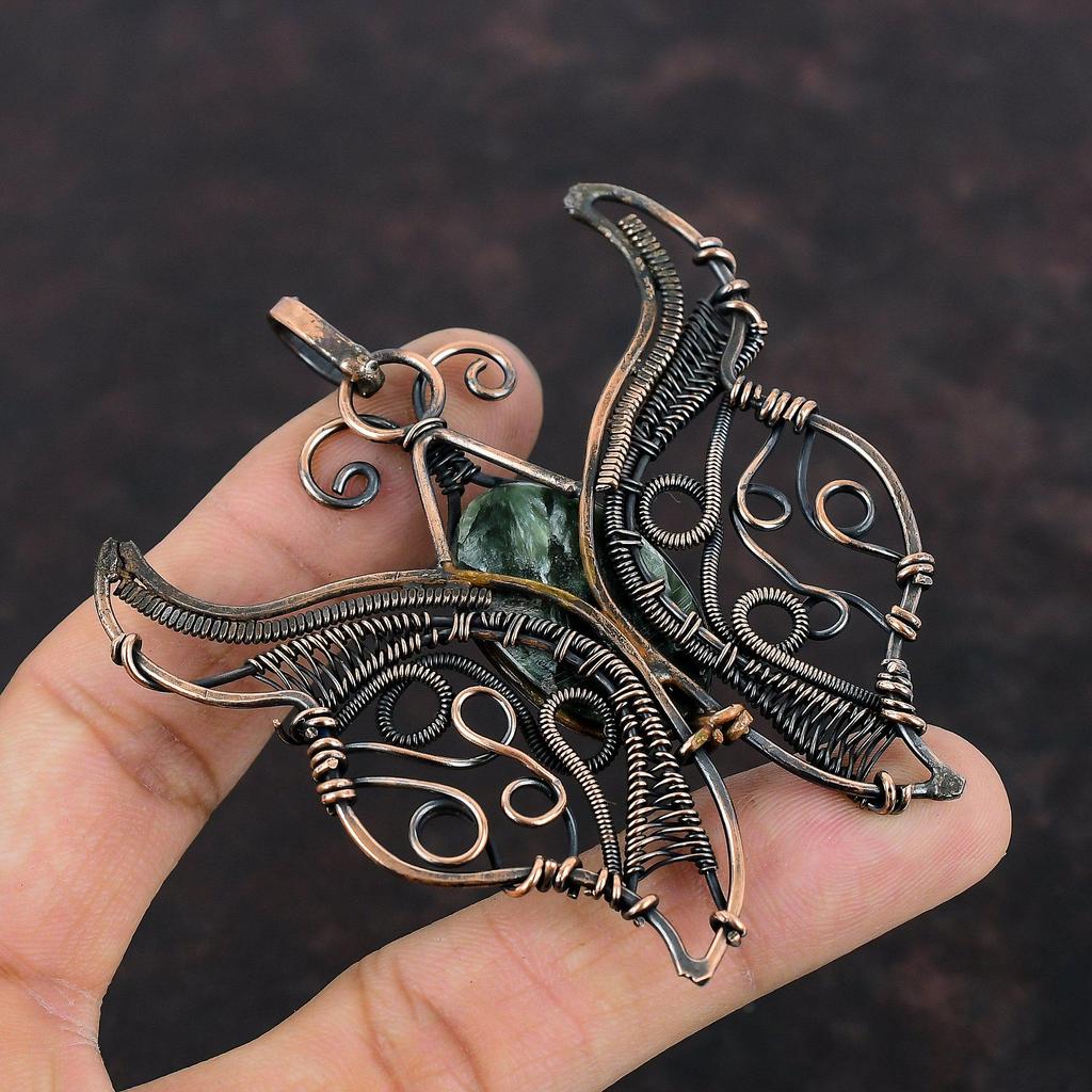 Подвеска из серафинита, медная проволочная обертка, ювелирное изделие ручной работы, кулон в виде бабочки, оригинальное ювелирное изделие из драгоценных камней, медная проволочная обертка, кулон, подарки для жены