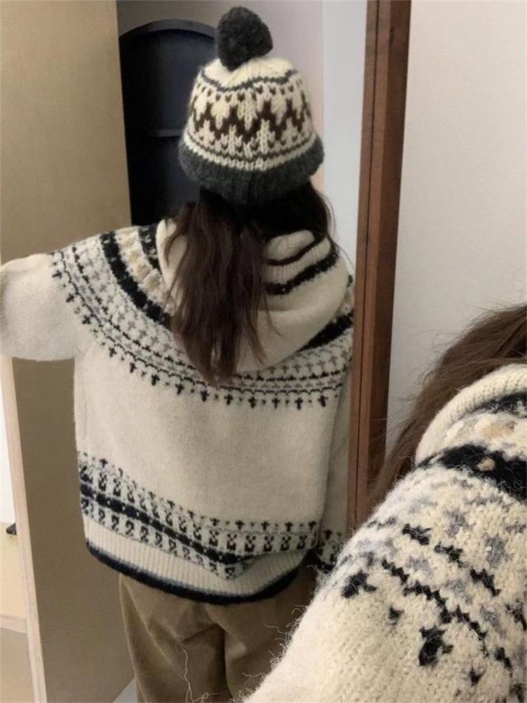 Женский ретро японский жаккардовый свитер с капюшоном - однобортный, свободный, ленивый стиль, вязаный кардиган на осень/зиму