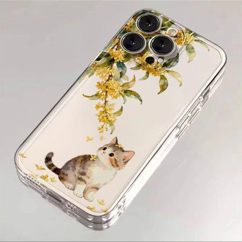Чехол для iPhone с османтусом и кошкой: Совместимо с iPhone 13, 14, 15 Pro, 16 Pro Max. Защита от падений, Полное покрытие.