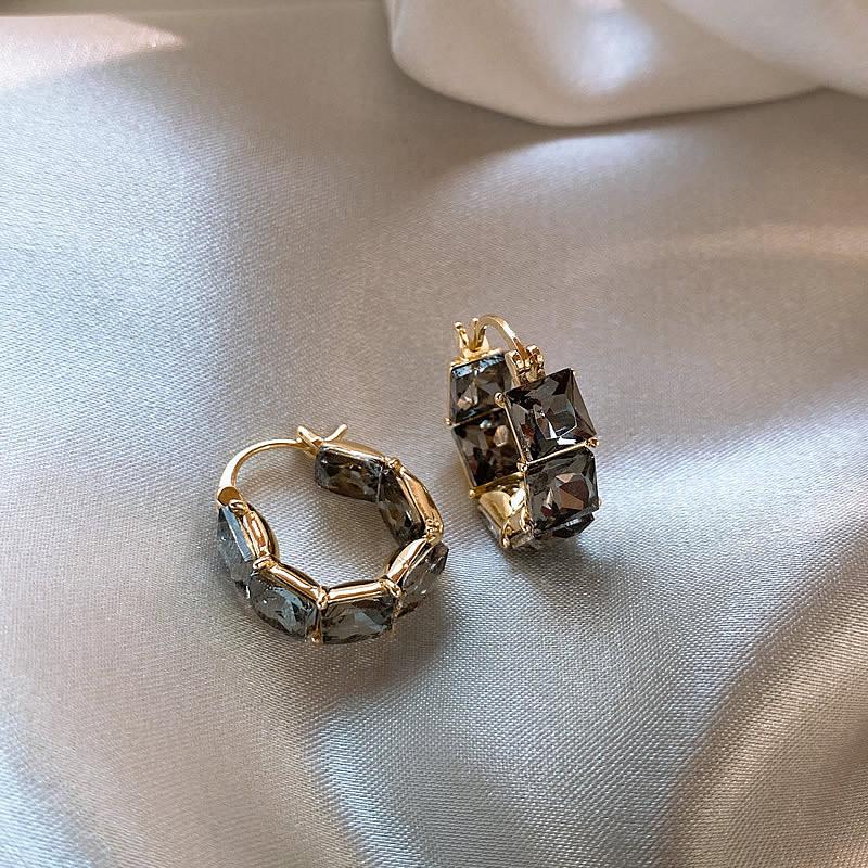 Square Green Grey Crystal Round Hoop Earrings for Women Men Black Gold Color Zircon Ear Buckle Wedding Party Jewelry Antique