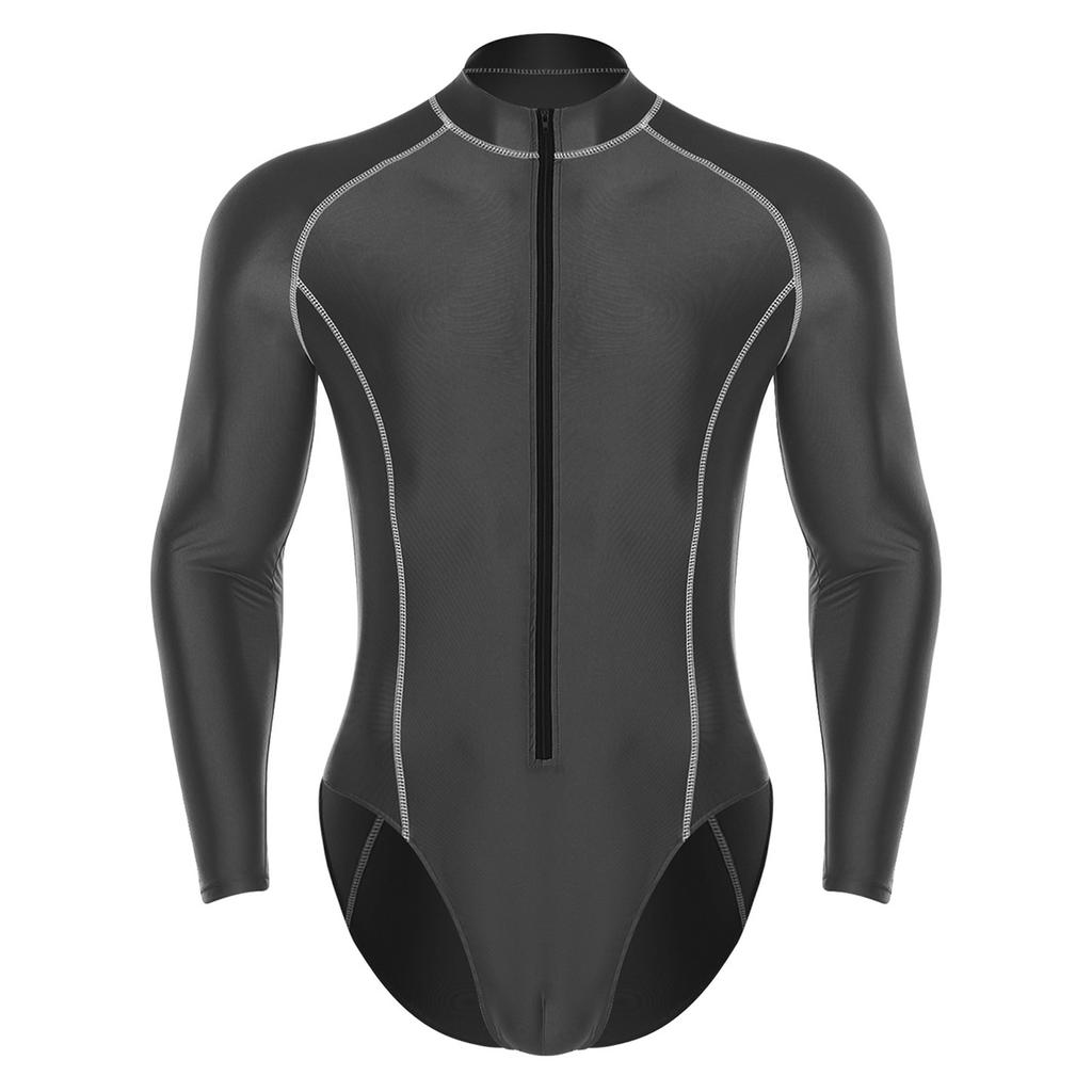 Мужской блестящий боди с воротником-стойкой, длинным рукавом, передней молнией, леотард, комбинезон, защита от солнца, пляжный, для серфинга, купальник