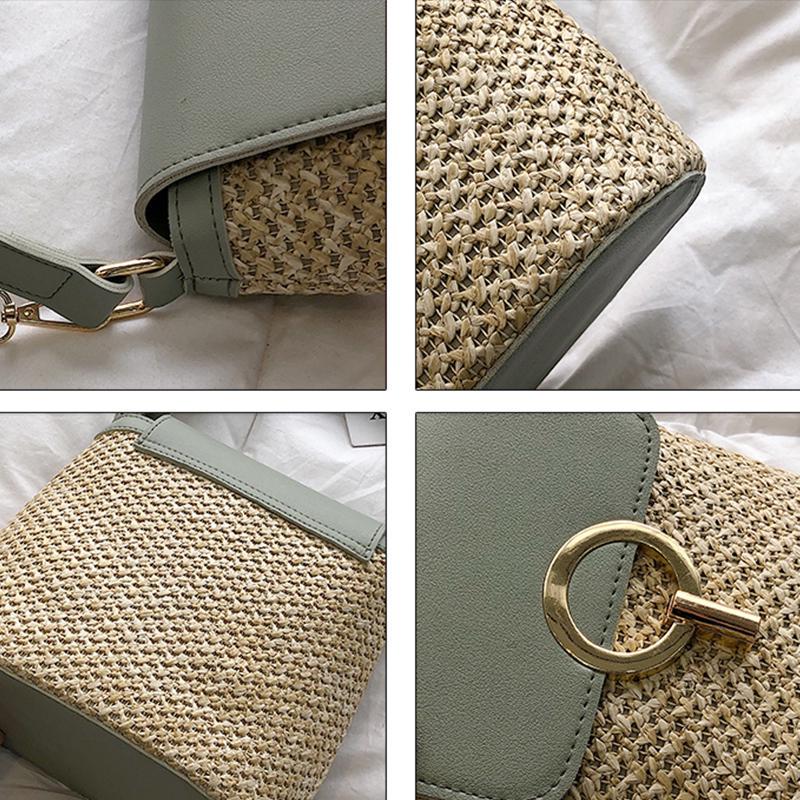 Yogodlns Casual Chains Straw Bucket Bags Women Summer Messenger Bag Rattan Bags Beach Lady Travel Purses and Handbags Shoulder Bag