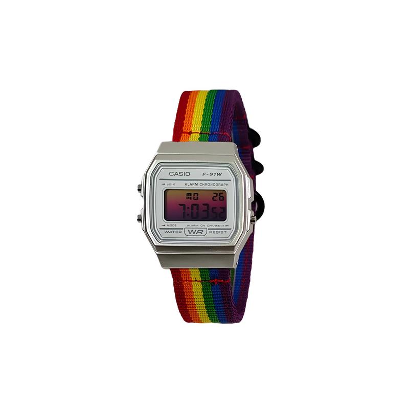 Casio Индивидуальные часы, модифицированная серия, серебристый полимерный корпус F-91WM-7A, модифицированные - Радужный Ткач, кварцевые, нейлоновый ремешок, мужские часы, черный F-91WM-7A