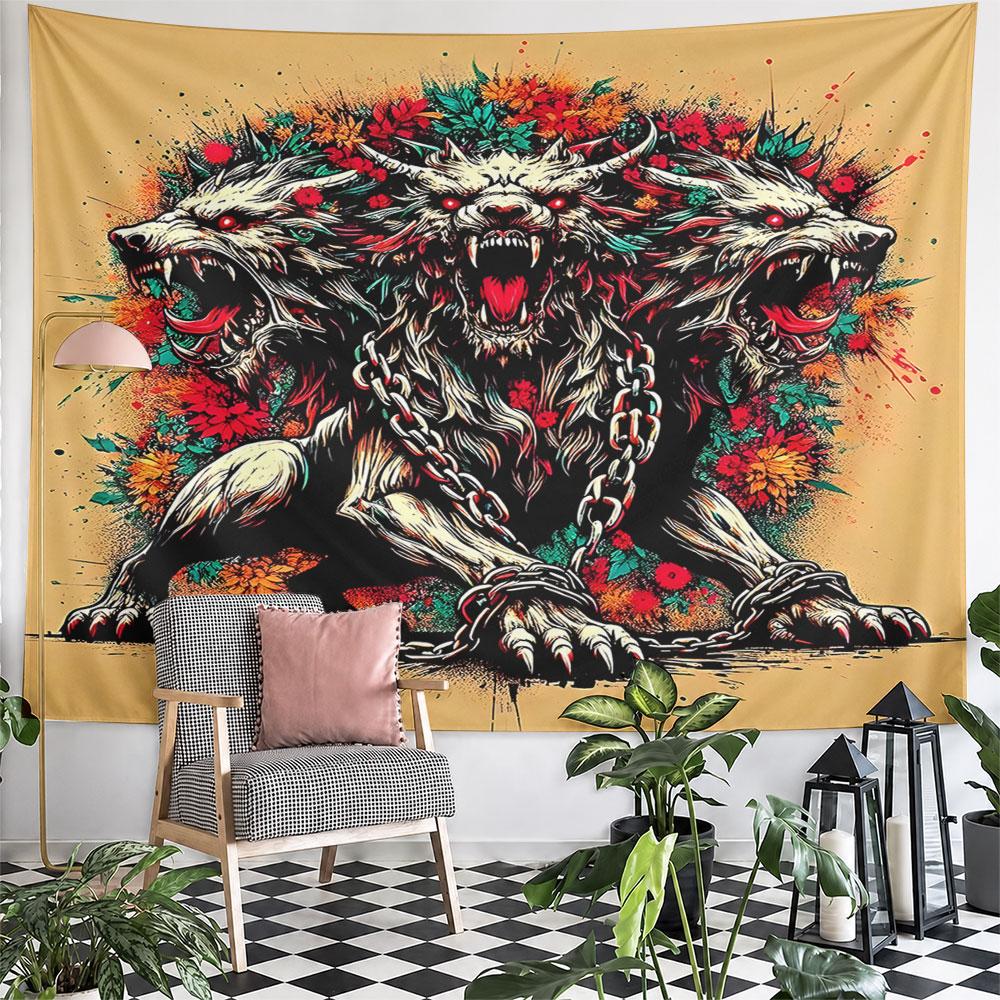 Cerberus and Floral Chains Artwork Pattern Wall Hanging Tapestry Decorative Tapestry Home Decor for Bedroom and Living Room
