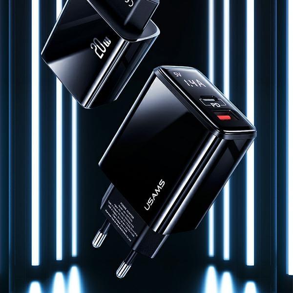 USAMS Lad. network. 1xUSB-C+1xUSB T40 20WLED (head only) PD3.0 +QC3.0 Fast Charging black/black CC133TC01 (US-CC133)