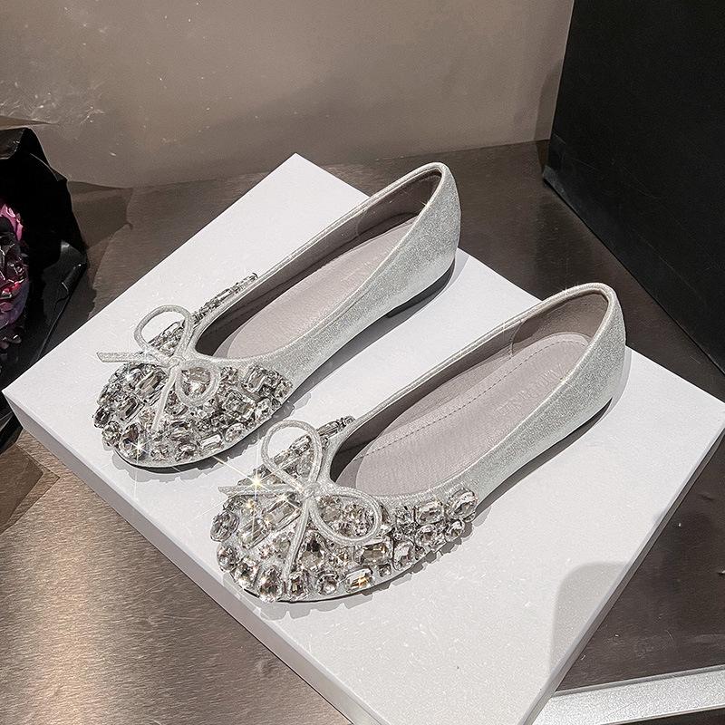Fashion Luxury Designer Woman Rhinestone Flats Ballet Gold/Silver Bowtie Loafers Femmes Shallow Slip On Ballerinas Brides Wedding Shoes