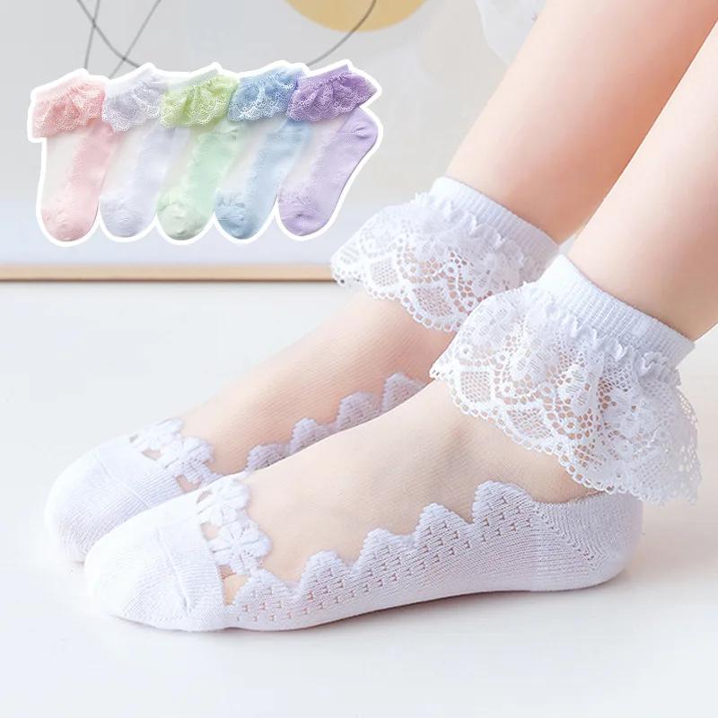 5Pairs/set Summer Thin Mesh Cotton Kids Lace Ruffle Socks Princess Cute White Heart White Ankle Socks for Baby Children Girls