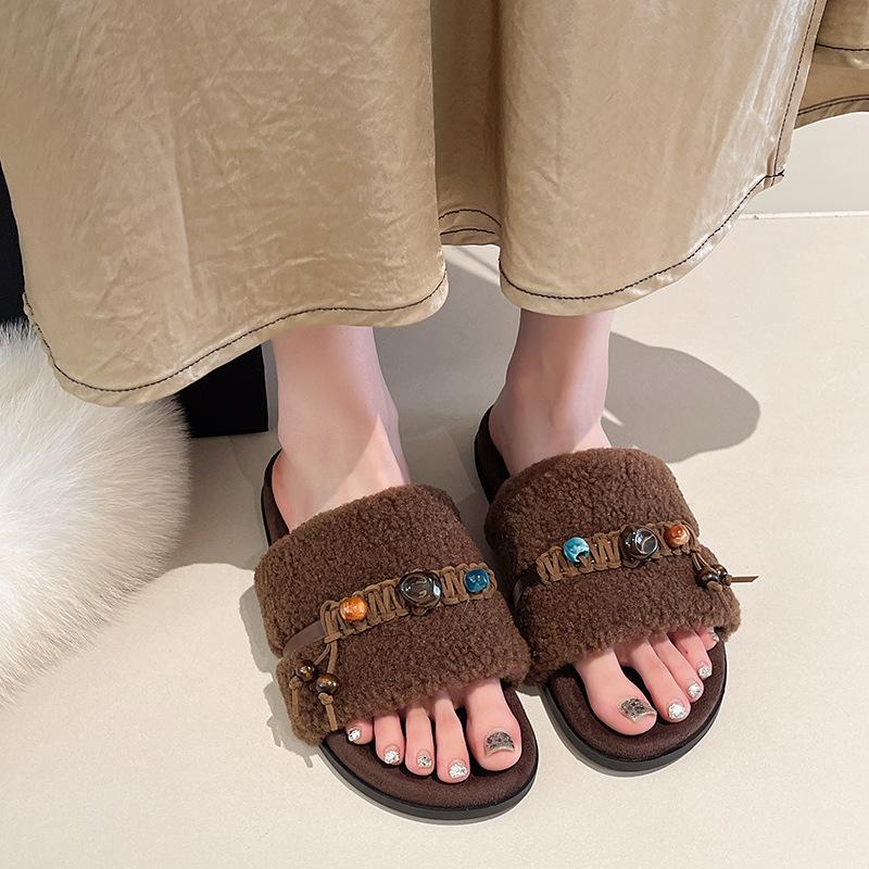Retro tassel fluffy slippers women's 2025 autumn new outer wear casual versatile casual soft bottom lazy one-word drag
