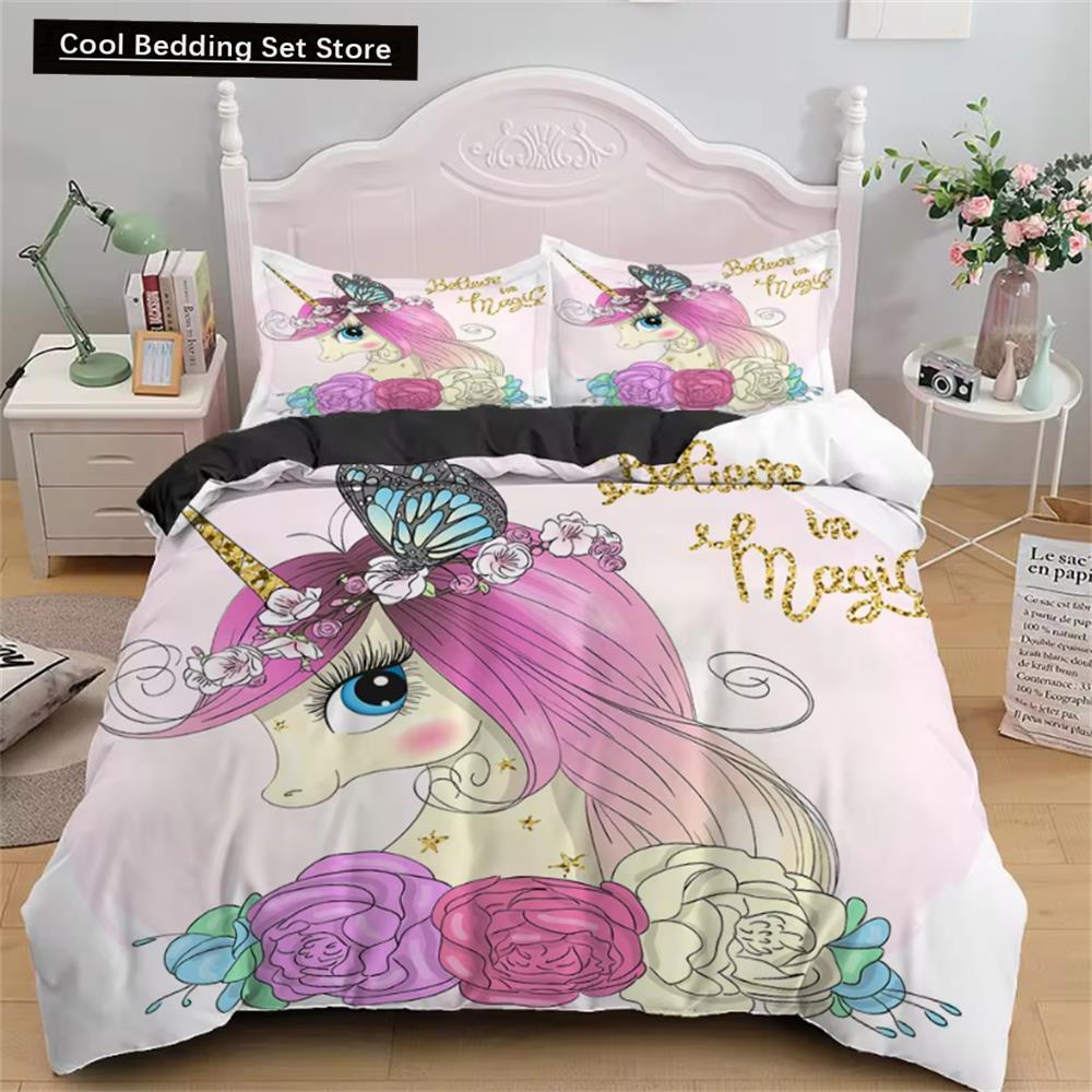 Детские комплекты постельного белья, подарки, комплекты пододеяльников с принтом единорога и красочной лошади для детей, девочек и мальчиков, 2/3 шт., розовые одеяла
